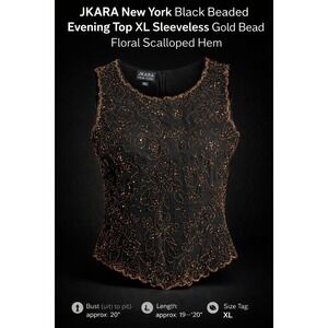 JKARA New York Black Beaded Evening Top XL Sleeveless Gold Bead Floral Scalloped